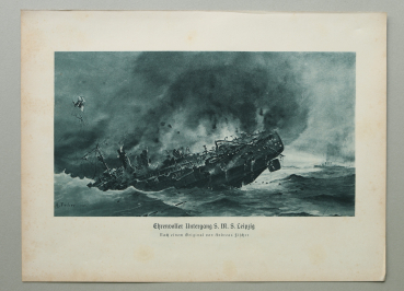 Marine / Ehrenvoller Untergang S.M.S. LEIPZIG / Seekrieg / nach A Fischer / 1914-1918 / 1920er Jahre / 1. Weltkrieg 1.WK WWI / Patriotik Kunst Druck